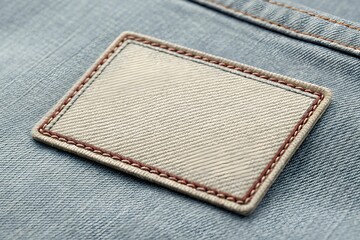 Poster - Blank rectangular fabric patch mockup with stitched border on blue background, perfect for branding design.	