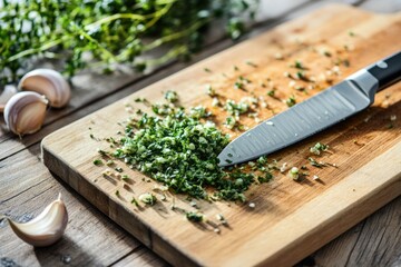 Wall Mural - Freshly prepared ingredients on a rustic cutting board, perfect for kitchen use or food styling