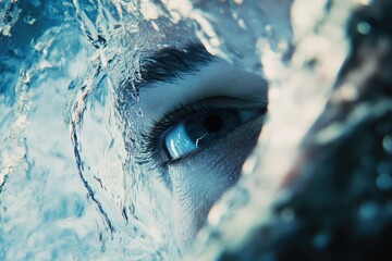 Poster - A close-up view of a person's eye submerged in water, suitable for use in editorial or commercial contexts
