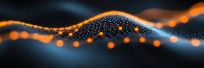 Fototapete - A vibrant digital landscape features flowing waves with glowing orange dots against a dark background