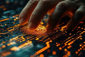 Poster - Close-up of a person's finger touching a circuit board, suitable for tech-related illustrations and diagrams
