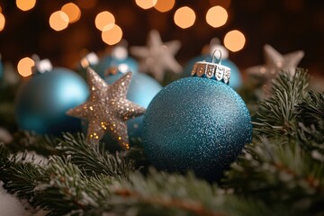 Wall Mural - A detailed view of a blue Christmas ornament, suitable for holiday decorations or marketing materials