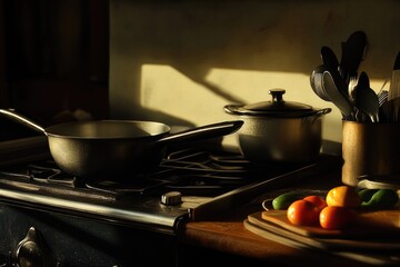 Wall Mural - Stove top with various pots and pans, ideal for kitchen scenes or cooking illustrations