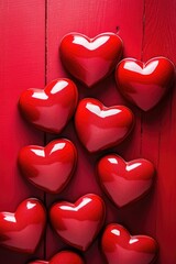 Poster - A selection of red heart shaped chocolates arranged on a red table