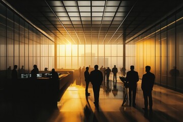 Wall Mural - A crowd of people walking through a modern lobby with a glass ceiling and sleek decor