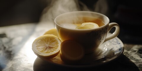 Poster - A delicate cup of tea served with sliced lemons on a saucer, perfect for a cozy moment