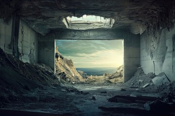 Poster - A tunnel offering a scenic view of a mountain range, perfect for use in travel or adventure-themed projects