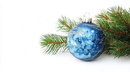 Aufkleber - A blue glass ornament sits next to a pine branch, perfect for holiday decorations