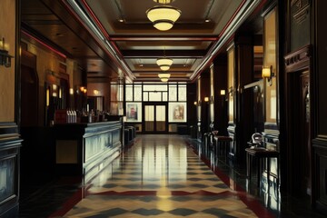 Poster - Cozy hallway with a checkered floor and a bar, great for hospitality or event spaces