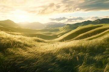 Poster - A serene image of a lush green meadow with majestic mountains in the background, suitable for use as a peaceful landscape or nature-inspired design