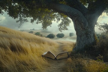 Poster - An open book lying on the ground under a tree