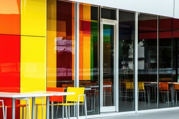Poster - Colorful building with outdoor seating area, perfect for casual dining or coffee break