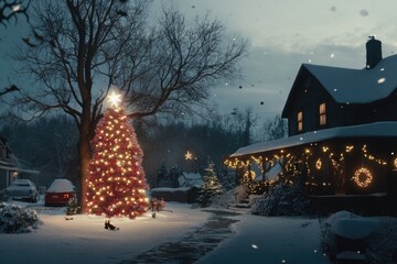 Poster - A beautifully lit Christmas tree stands tall in the center of a snow-covered yard, surrounded by festive decorations and winter scenery