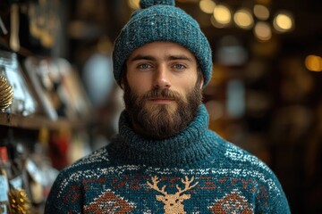 Poster - A man with a beard wearing a sweater and a hat, perfect for casual or outdoor use
