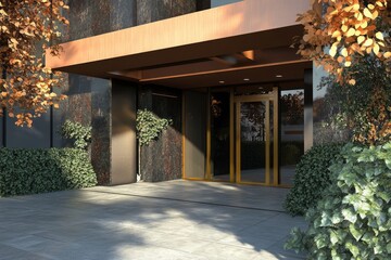 Poster - Entrance to a building with a clock face visible