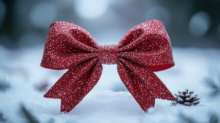 Poster - A bright red bow sits atop a pile of snow, perfect for winter scenes or festive decorations