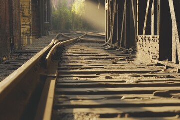 Aufkleber - A train track crossing over a bridge with a scenic view