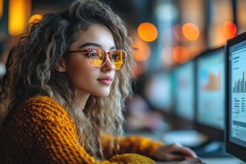 Poster - A woman wearing glasses looks intently at a computer screen, focused on her work