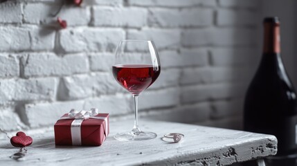 Aufkleber - A glass of wine and a gift sit on a table, perfect for a romantic evening or special occasion