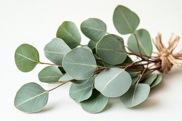 Poster - A bunch of fresh green leaves arranged on a clean white background, perfect for nature-inspired designs and illustrations