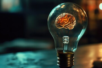 Poster - A futuristic light bulb with a brain inside, ideal for illustrations about innovation and technology