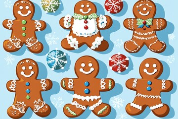 Poster - A collection of colorful gingerbread men and women with festive decorations on a bright blue background, perfect for holiday promotions or festive themes