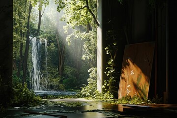 Poster - A room with a natural waterfall flowing through the center, surrounded by stone walls and greenery