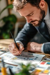 Poster - A person seated at a desk scribbling notes