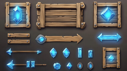 Poster - Wooden game ui elements with glowing blue crystal inlays. Cartoon vector set of navigation buttons, progress bars, directional arrows and decorative frames for fantasy or medieval rpg interfaces.