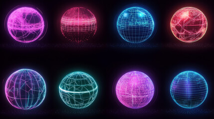 Poster - 3d neon tech sphere collection with glowing effects - futuristic dotted orb, geometric wireframe globe, distorted grid shape and luminous digital ball. elements for sci-fi and modern cyberpunk design.
