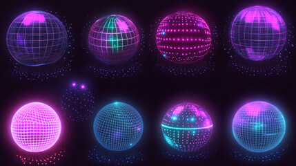 Poster - 3d neon tech sphere collection with glowing effects - futuristic dotted orb, geometric wireframe globe, distorted grid shape and luminous digital ball. elements for sci-fi and modern cyberpunk design.