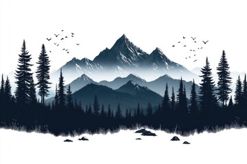 Poster - Mountainous terrain with silhouetted trees in a dramatic black and white composition