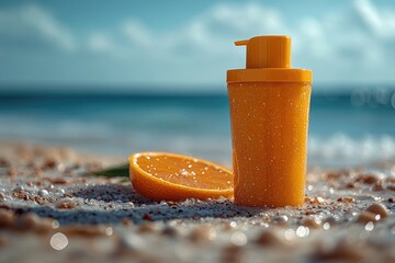 Wall Mural - A bottle of sunscreen sits next to an orange on a sunny beach, perfect for a day outdoors