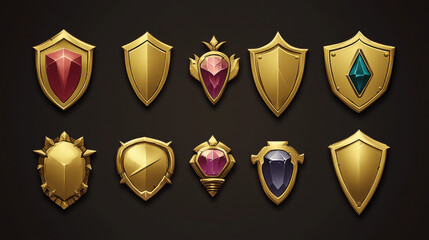 Poster - Gold game rank icon for level medal vector set. Achievement shield badge for insignia trophy and award in fantasy rpg play. Winner reward button with red magic gem. Medieval banner progress kit