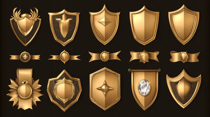 Poster - Gold game rank icon for level medal vector set. Achievement shield badge for insignia trophy and award in fantasy rpg play. Winner reward button with red magic gem. Medieval banner progress kit