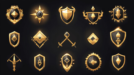 Poster - Gold game rank icon for level medal vector set. Achievement shield badge for insignia trophy and award in fantasy rpg play. Winner reward button with red magic gem. Medieval banner progress kit