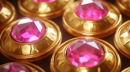 Poster - Magic game button set. Golden frames with geometric ornaments, pink gemstones, glossy metallic surface and decorative elements. Fantasy interface element, menu navigation or achievement rewards design