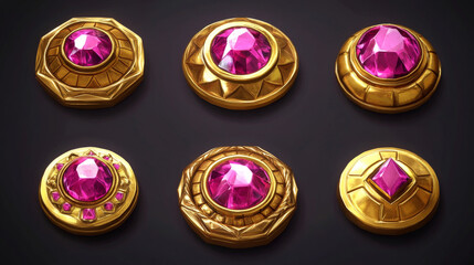 Poster - Magic game button set. Golden frames with geometric ornaments, pink gemstones, glossy metallic surface and decorative elements. Fantasy interface element, menu navigation or achievement rewards design
