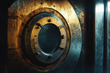 Poster - A close-up shot of a metal door with a circular window, ideal for use in architecture, design or security contexts