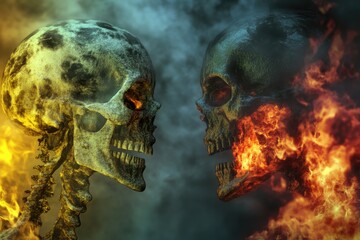 Poster - Two skulls face each other with a fiery backdrop