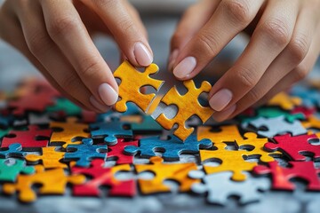 Aufkleber - A person focusing on completing a puzzle, with a single piece being added