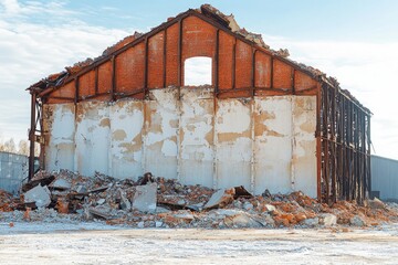 Poster - Demolished building sits in snow, great for winter backgrounds or abandoned places