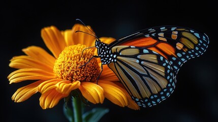 Poster - A close-up shot of a butterfly perched on the center of a bright yellow flower