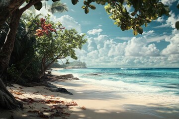Poster - A palm tree stands out on a sandy beach with the ocean in the background