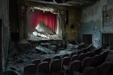 Poster - A vacant theater with a bright red curtain, perfect for a performance or event