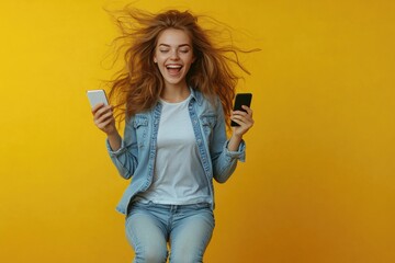 Poster - A woman with striking red hair holds her cell phone in a relaxed pose