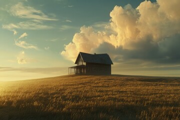 Poster - A single-story house situated on the top of a green grassy hill, with a serene landscape in the background