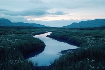 Poster - A serene scene of a river flowing through a lush green field, perfect for use in nature-inspired designs or as a background element