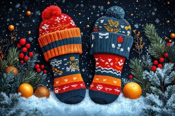 Poster - Feet wearing warm socks on snowy terrain, great for winter scenes or cold weather concepts