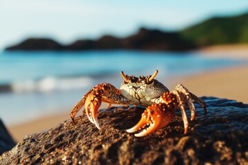 Poster - A crab sits on top of a rock near the ocean, waiting for its next meal